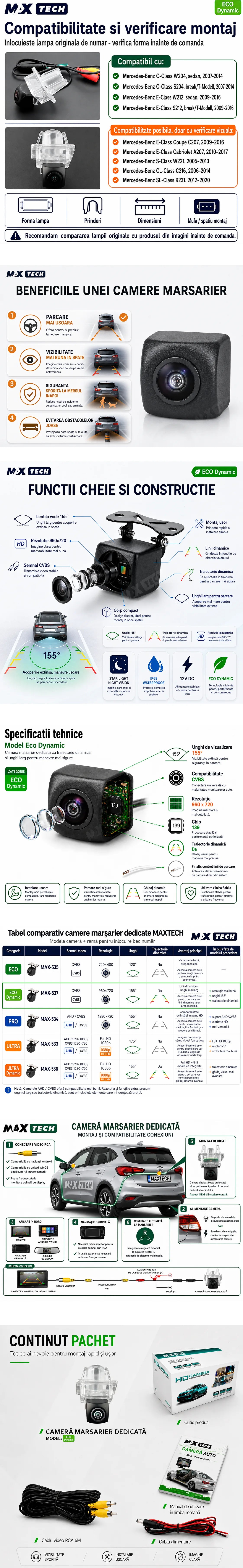 Camera marsarier Mercedes-Benz C-Class W204 S204, E-Class W212 S212 dedicata, MaxTech ECO Dynamic, suport lampa numar OEM, CVBS 960x720, unghi 155 grade, linii dinamice, RCA, navigatii Android aftermarket