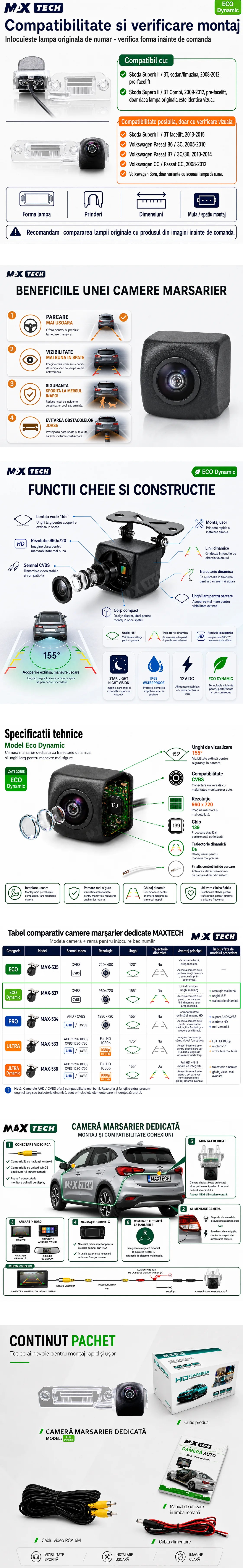 Camera marsarier Skoda Superb II 3T, Volkswagen Passat B6 B7, Passat CC, VW Bora dedicata, MaxTech ECO Dynamic, suport lampa numar OEM, CVBS 960x720, unghi 155 grade, linii dinamice, RCA, navigatii Android aftermarket