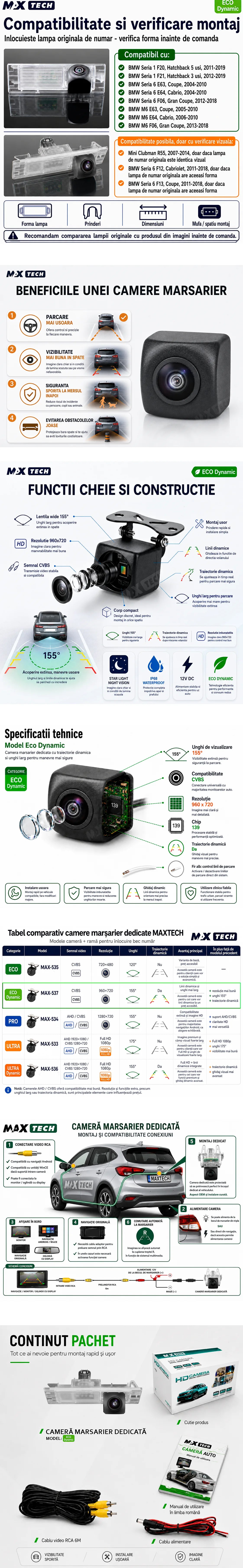 Camera marsarier BMW Seria 1 F20 F21, Seria 6 F63 E64 F06, BMW M6 dedicata, MaxTech ECO Dynamic, suport lampa numar OEM, CVBS 960x720, unghi 155 grade, linii dinamice, RCA, navigatii Android aftermarket