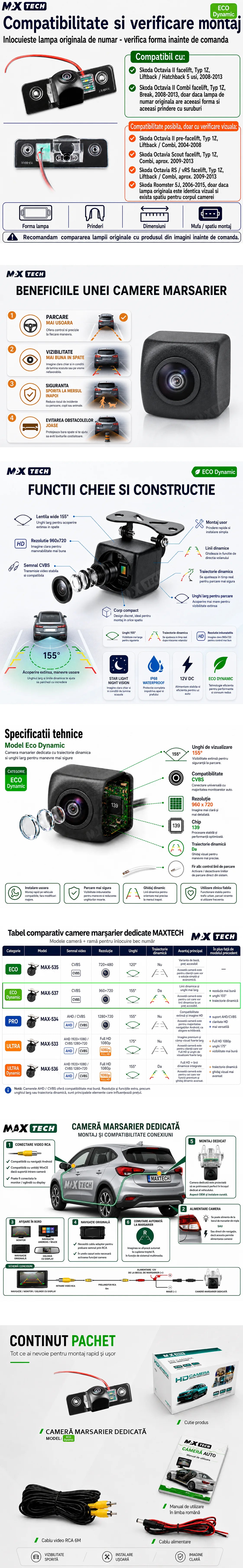 Camera marsarier Skoda Octavia II 1Z Facelift, Octavia Combi, Scout, RS vRS, Roomster dedicata, MaxTech ECO Dynamic, suport lampa numar OEM, CVBS 960x720, unghi 155 grade, linii dinamice, RCA, navigatii Android aftermarket