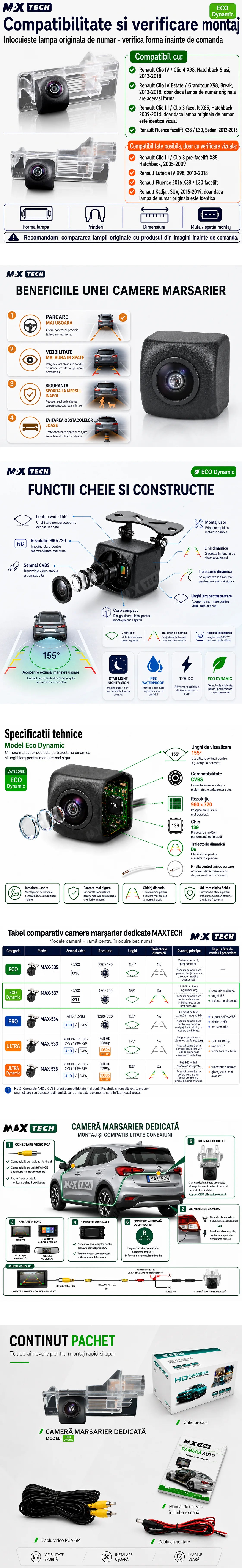 Camera marsarier Renault Clio IV X98, Clio III facelift, Fluence facelift, Kadjar dedicata, MaxTech ECO Dynamic, suport lampa numar OEM, CVBS 960x720, unghi 155 grade, linii dinamice, RCA, navigatii Android aftermarket