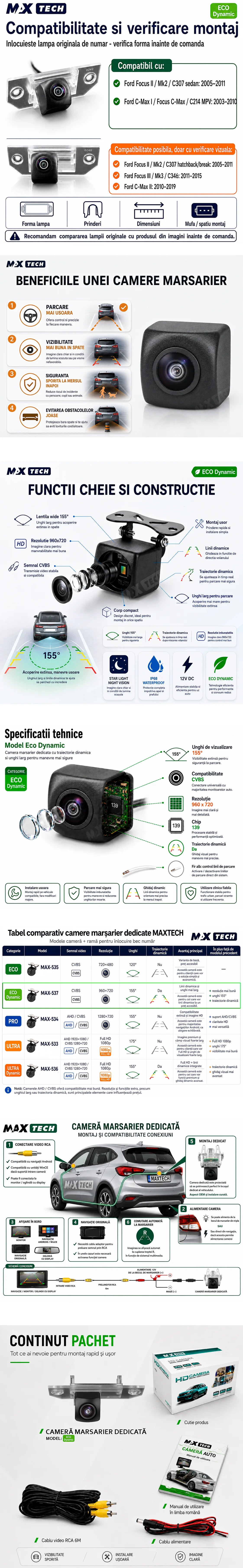 Camera marsarier Ford Focus II Sedan, C-Max I, Focus C-Max dedicata, MaxTech ECO Dynamic, suport lampa numar OEM, CVBS 960x720, unghi 155 grade, linii dinamice, RCA, navigatii Android aftermarket