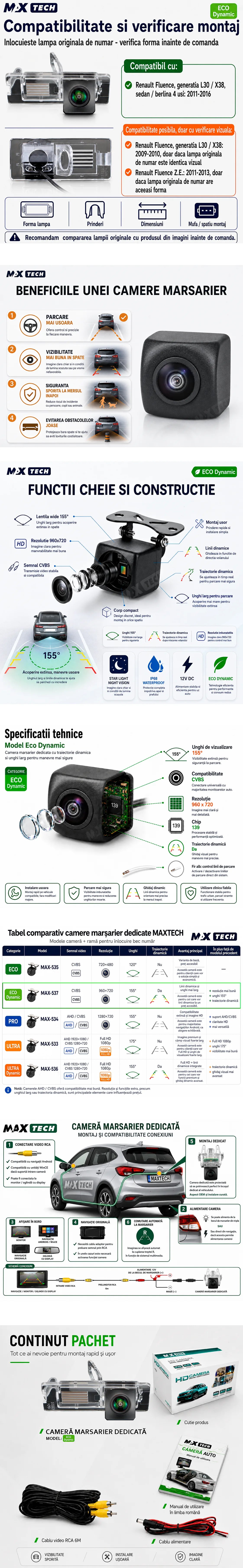 Camera marsarier Renault Fluence L30 X38 dedicata, MaxTech ECO Dynamic, suport lampa numar OEM, CVBS 960x720, unghi 155 grade, linii dinamice, RCA, navigatii Android aftermarket