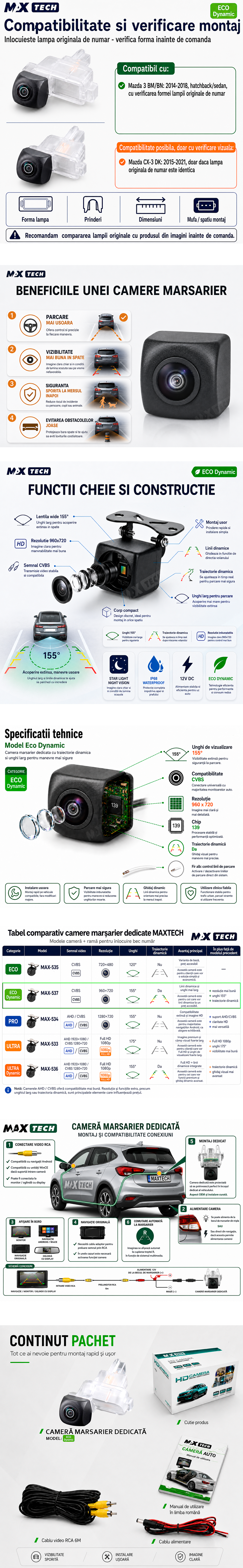 Camera marsarier Mazda 3 BM BN dedicata, MaxTech ECO Dynamic, suport lampa numar OEM, CVBS 960x720, unghi 155 grade, linii dinamice, RCA, navigatii Android aftermarket