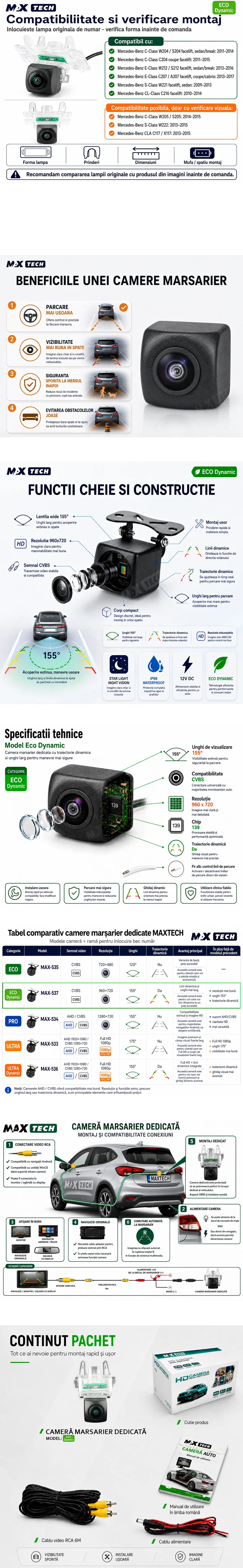 Camera marsarier Mercedes-Benz C-Class, E-Class, S-Class, CL-Class dedicata, MaxTech ECO Dynamic, suport lampa numar OEM, CVBS 960x720, unghi 155 grade, linii dinamice, RCA, navigatii Android aftermarket