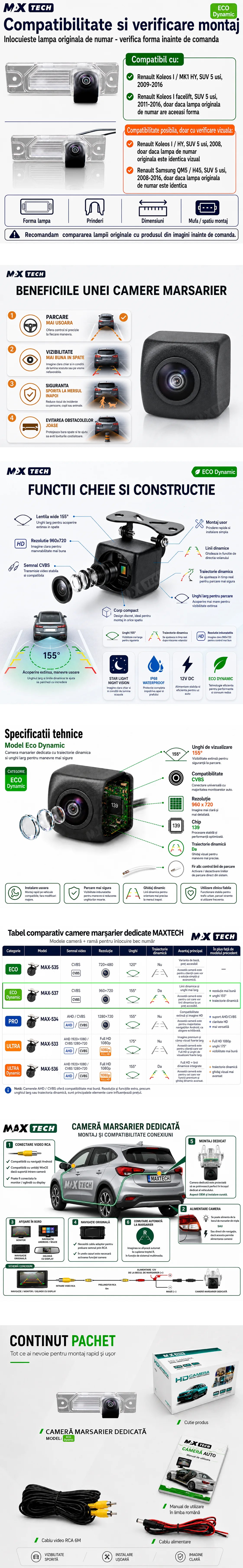 Camera marsarier Renault Koleos I HY, Renault Samsung QM5 H45 dedicata, MaxTech ECO Dynamic, suport lampa numar OEM, CVBS 960x720, unghi 155 grade, linii dinamice, RCA, navigatii Android aftermarket