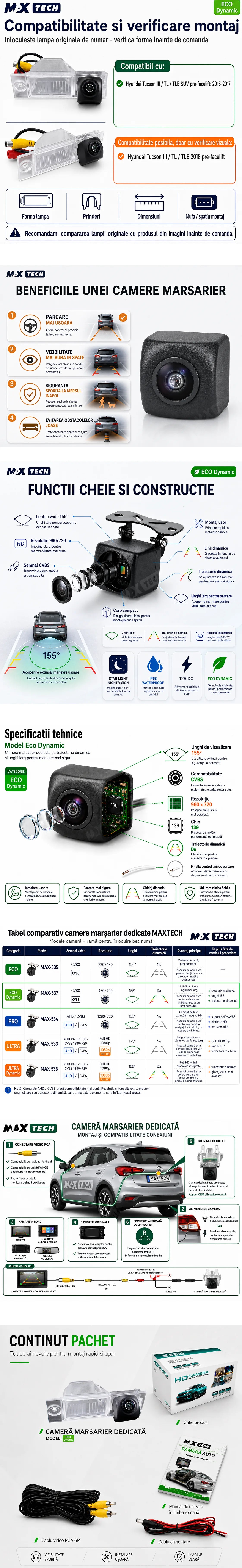 Camera marsarier Hyundai Tucson III TL TLE Pre-Facelift dedicata, MaxTech ECO Dynamic, suport lampa numar OEM, CVBS 960x720, unghi 155 grade, linii dinamice, RCA, navigatii Android aftermarket