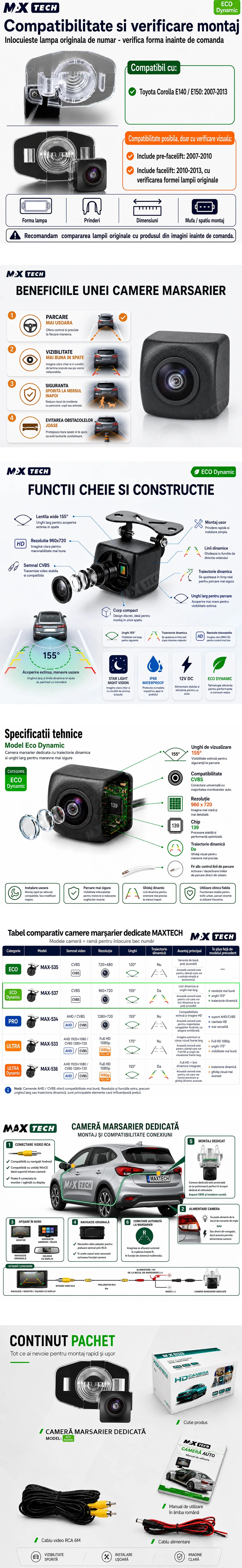 Camera marsarier Toyota Corolla E140 E150 dedicata, MaxTech ECO Dynamic, suport lampa numar OEM, CVBS 960x720, unghi 155 grade, linii dinamice, RCA, navigatii Android aftermarket