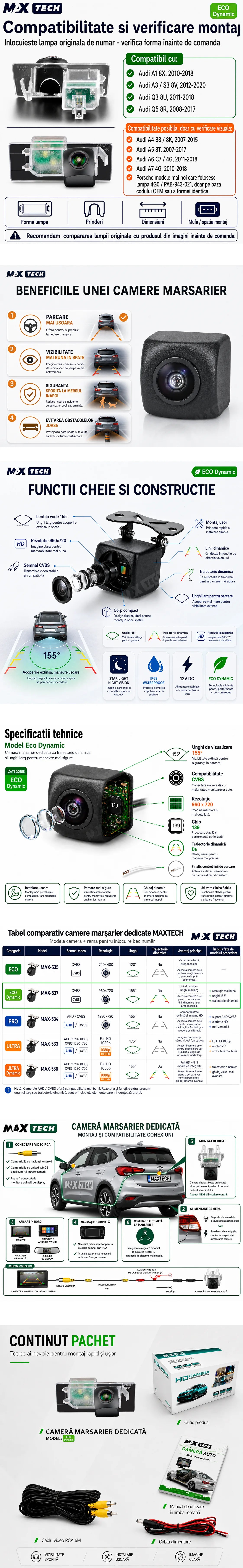 Camera marsarier Audi A1 8X, A3 S3 8V, Q3 8U, Q5 8R dedicata, MaxTech ECO Dynamic, suport lampa numar OEM, CVBS 960x720, unghi 155 grade, linii dinamice, RCA, navigatii Android aftermarket
