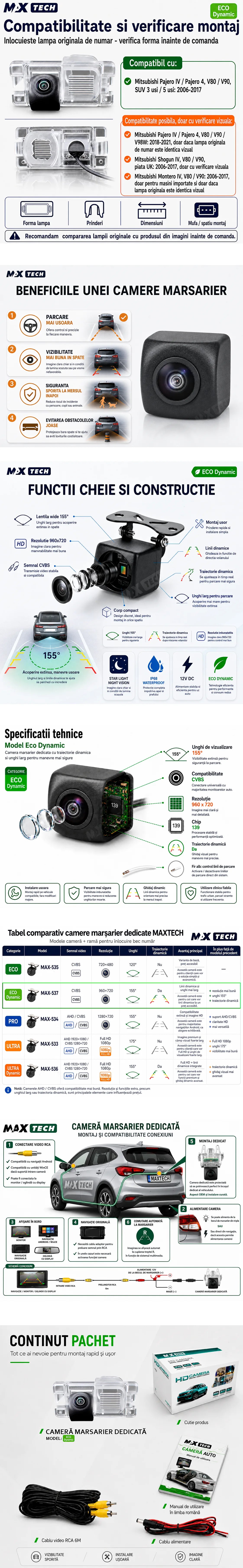 Camera marsarier Mitsubishi Pajero IV, Pajero 4, Shogun IV, Montero IV dedicata, MaxTech ECO Dynamic, suport lampa numar OEM, CVBS 960x720, unghi 155 grade, linii dinamice, RCA, navigatii Android aftermarket