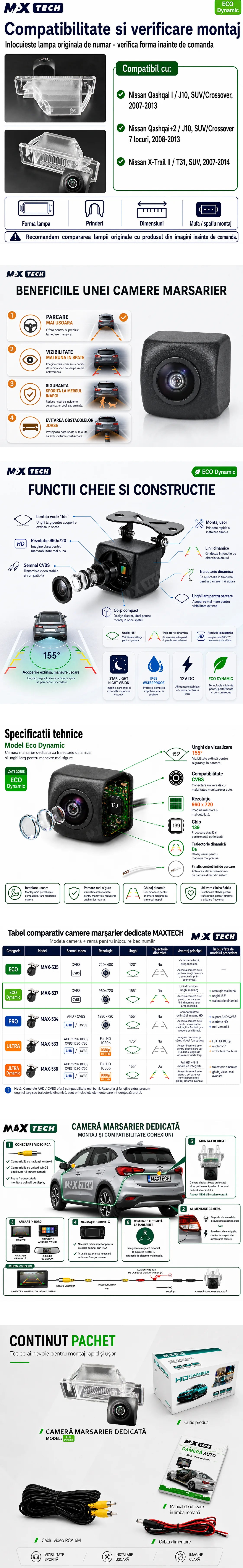Camera marsarier Nissan Qashqai J10, Qashqai+2, X-Trail T31 dedicata, MaxTech ECO Dynamic, suport lampa numar OEM, CVBS 960x720, unghi 155 grade, linii dinamice, RCA, navigatii Android aftermarket