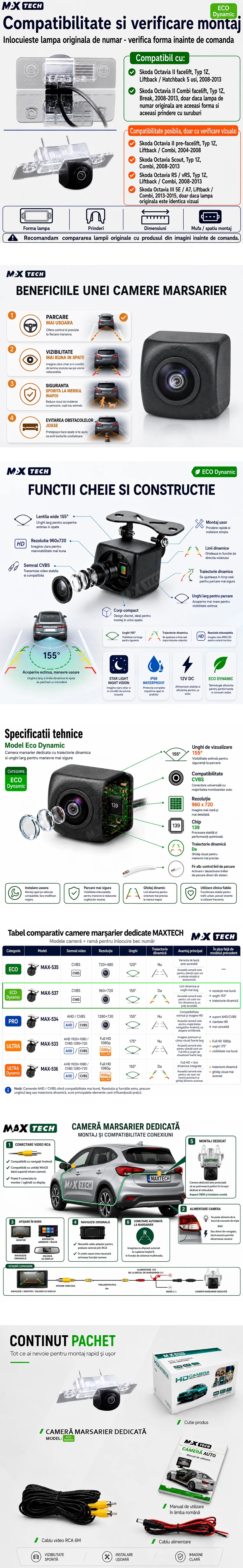 Camera marsarier Skoda Octavia II 1Z Facelift, Octavia Combi, Scout, RS vRS, Octavia III 5E A7 dedicata, MaxTech ECO Dynamic, suport lampa numar OEM, CVBS 960x720, unghi 155 grade, linii dinamice, RCA, navigatii Android aftermarket