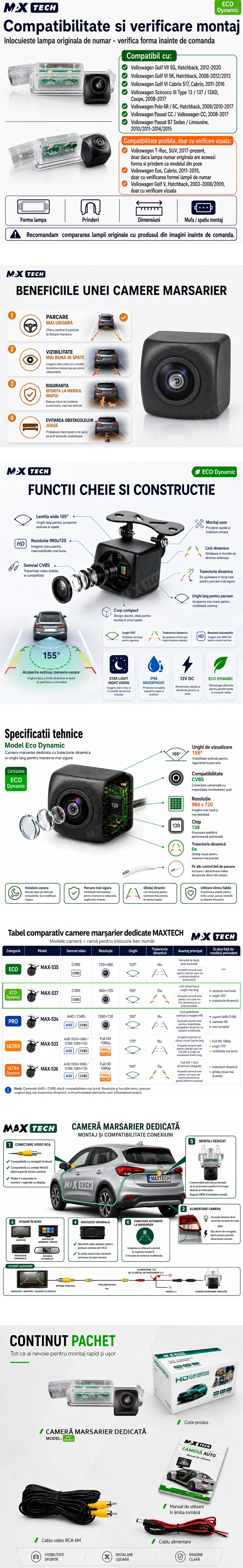 Camera marsarier Volkswagen Golf VII, Golf VI, Golf VI Cabrio, Scirocco, Polo, Passat CC, Passat B7 dedicata, MaxTech ECO Dynamic, suport lampa numar OEM, CVBS 960x720, unghi 155 grade, linii dinamice, RCA, navigatii Android aftermarket