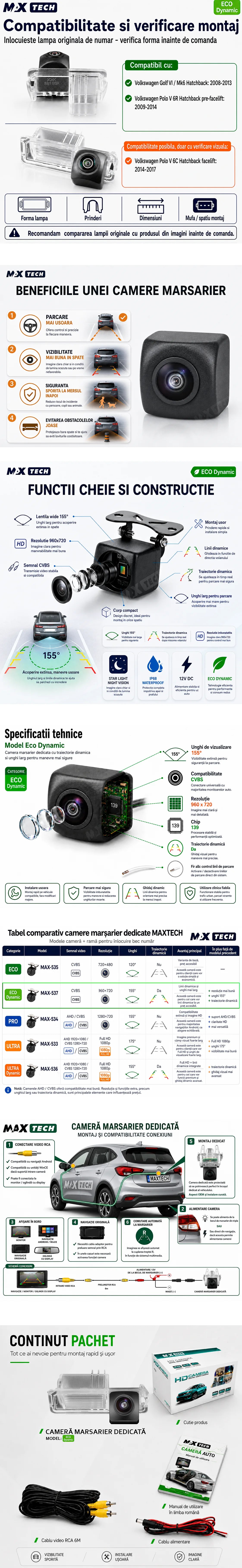 Camera marsarier Volkswagen Golf VI Mk6, Polo V 6R dedicata, MaxTech ECO Dynamic, suport lampa numar OEM, CVBS 960x720, unghi 155 grade, linii dinamice, RCA, navigatii Android aftermarket