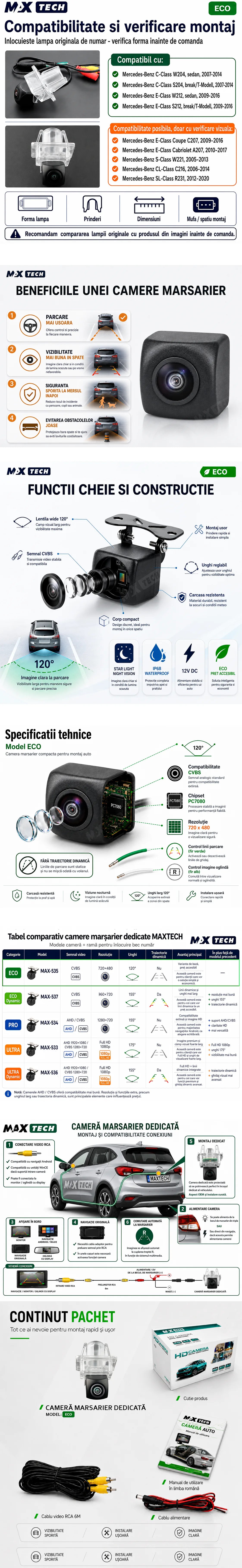Camera marsarier Mercedes C-Class, E-Class dedicata, MaxTech ECO, suport lampa numar OEM, Fisheye CVBS 720x480, unghi 120 grade, RCA, navigatii Android aftermarket