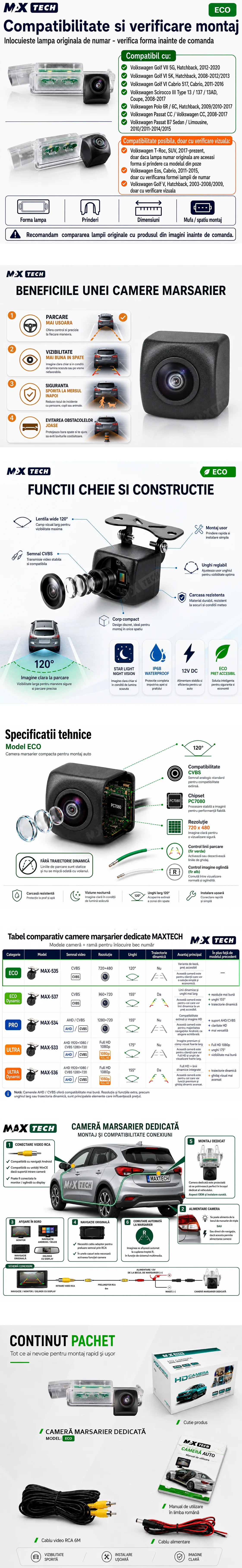 Camera marsarier Volkswagen Golf VII, Golf VI, Scirocco, Polo, Passat CC, Passat B7 dedicata, MaxTech ECO, suport lampa numar OEM, Fisheye CVBS 720x480, unghi 120 grade, RCA, navigatii Android aftermarket
