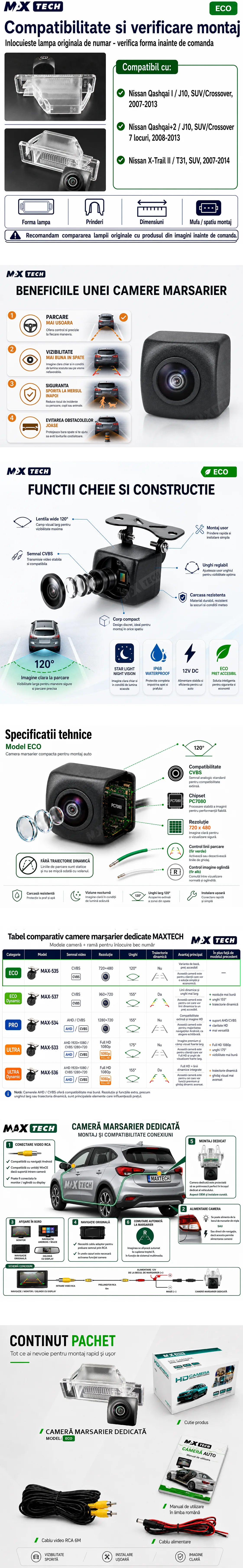 Camera marsarier Nissan Qashqai I, Qashqai+2, X-Trail II dedicata, MaxTech ECO, suport lampa numar OEM, Fisheye CVBS 720x480, unghi 120 grade, RCA, navigatii Android aftermarket