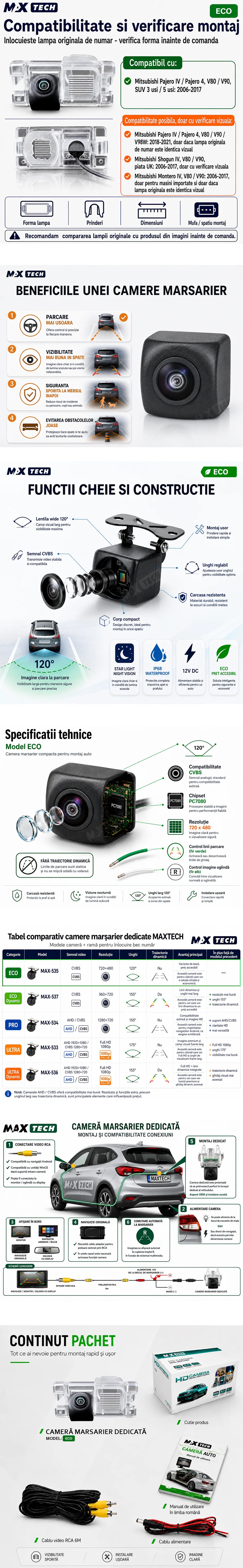 Camera marsarier Mitsubishi Pajero IV, Pajero 4, Shogun, Montero dedicata, MaxTech ECO, suport lampa numar OEM, Fisheye CVBS 720x480, unghi 120 grade, RCA, navigatii Android aftermarket