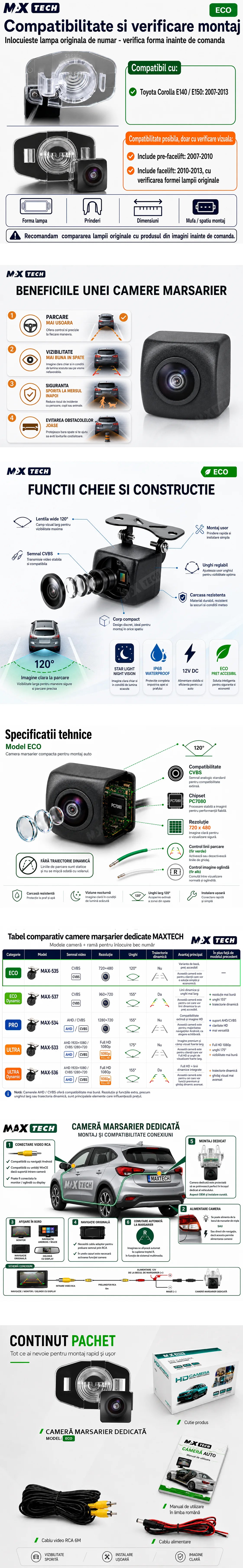 Camera marsarier Toyota Corolla E140 E150 dedicata, MaxTech ECO, suport lampa numar OEM, Fisheye CVBS 720x480, unghi 120 grade, RCA, navigatii Android aftermarket