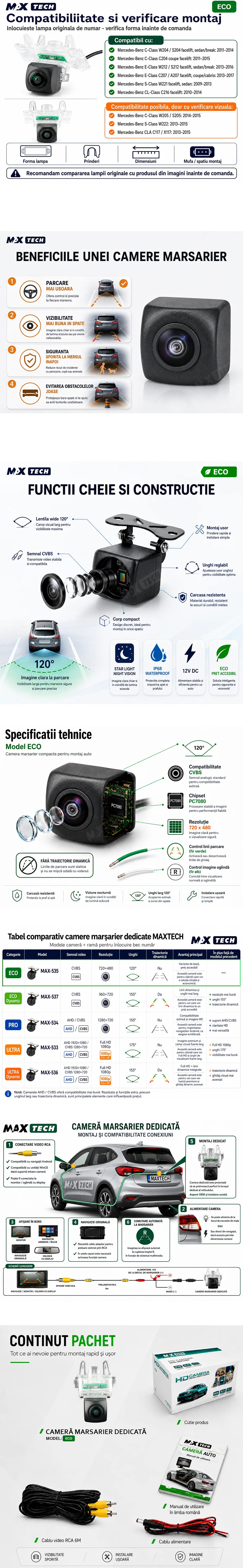 Camera marsarier Mercedes C-Class, E-Class, S-Class, CL-Class dedicata, MaxTech ECO, suport lampa numar OEM, Fisheye CVBS 720x480, unghi 120 grade, RCA, navigatii Android aftermarket