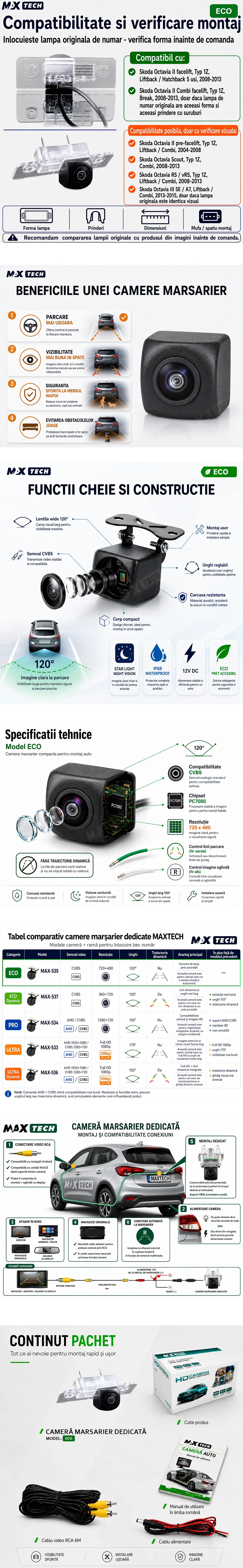 Camera marsarier Skoda Octavia II facelift, Octavia Combi, Octavia Scout, Octavia RS, Octavia III dedicata, MaxTech ECO, suport lampa numar OEM, Fisheye CVBS 720x480, unghi 120 grade, RCA, navigatii Android aftermarket