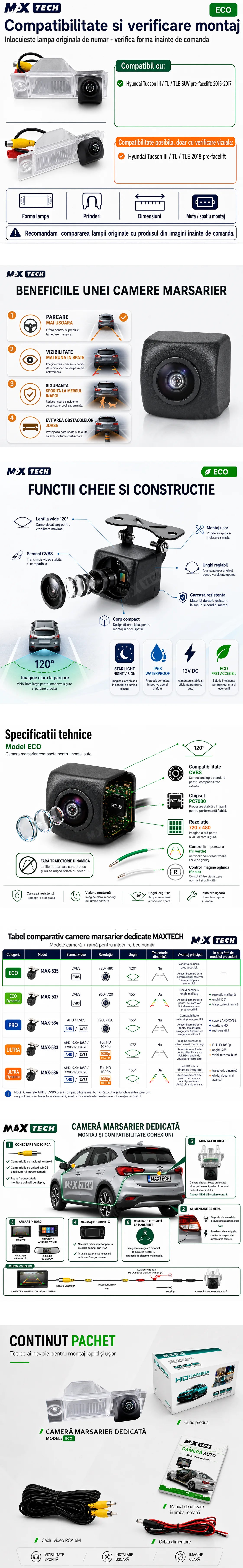 Camera marsarier Hyundai Tucson III TL TLE dedicata, MaxTech ECO, suport lampa numar OEM, Fisheye CVBS 720x480, unghi 120 grade, RCA, navigatii Android aftermarket