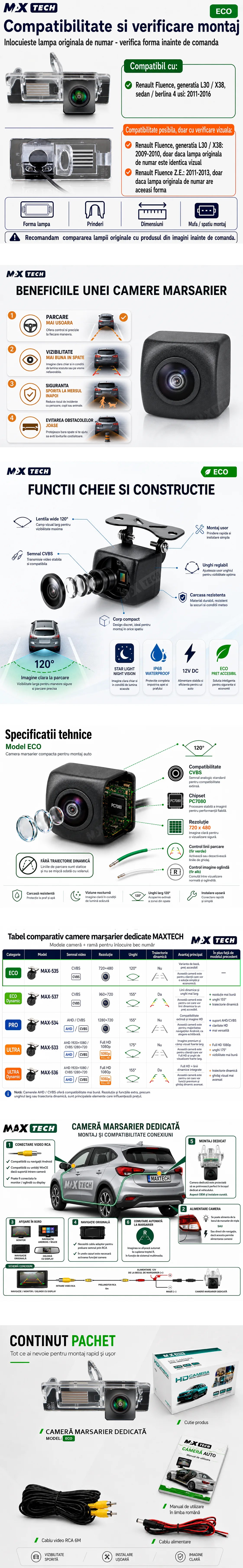 Camera marsarier Renault Fluence L30 X38 dedicata, MaxTech ECO, suport lampa numar OEM, Fisheye CVBS 720x480, unghi 120 grade, RCA, navigatii Android aftermarket