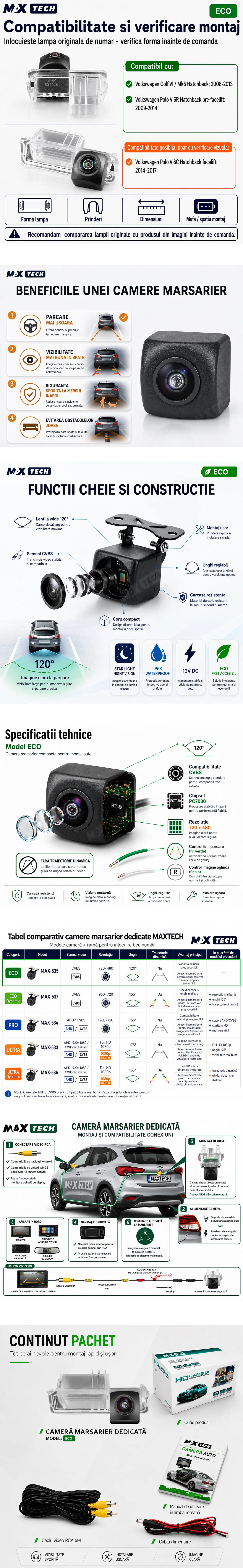 Camera marsarier Volkswagen Golf VI, Polo V 6R dedicata, MaxTech ECO, suport lampa numar OEM, Fisheye CVBS 720x480, unghi 120 grade, RCA, navigatii Android aftermarket