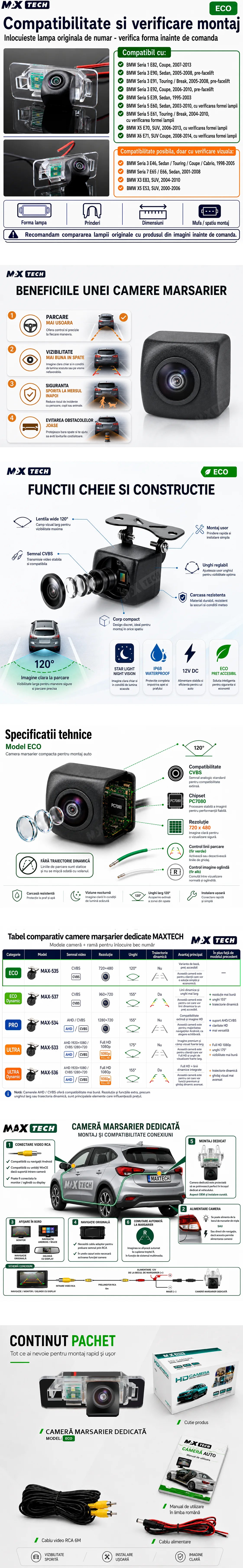 Camera marsarier BMW Seria 1, Seria 3, Seria 5, X5, X6 dedicata, MaxTech ECO, suport lampa numar OEM, Fisheye CVBS 720x480, unghi 120 grade, RCA, navigatii Android aftermarket