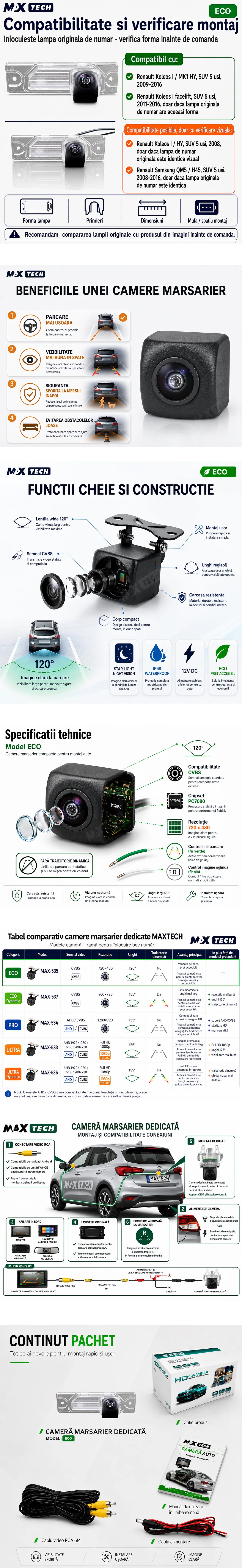 Camera marsarier Renault Koleos I MK1 HY, Renault Samsung QM5 dedicata, MaxTech ECO, suport lampa numar OEM, Fisheye CVBS 720x480, unghi 120 grade, RCA, navigatii Android aftermarket