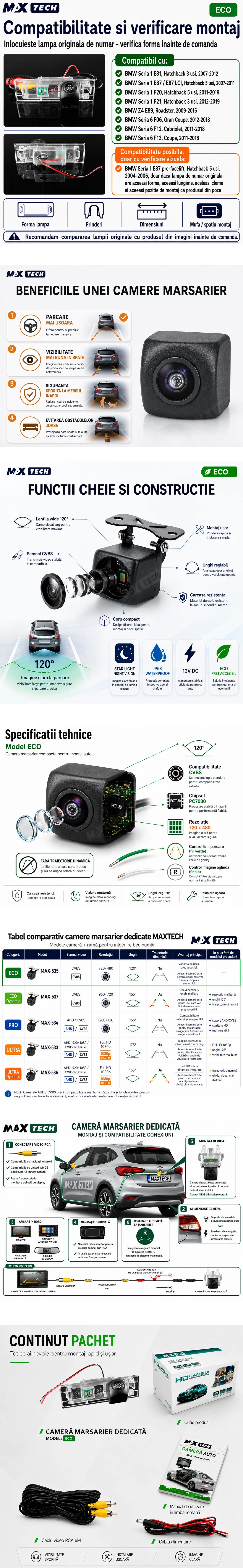 Camera marsarier BMW Seria 1, Z4, Seria 6 dedicata, MaxTech ECO, suport lampa numar OEM, Fisheye CVBS 720x480, unghi 120 grade, RCA, navigatii Android aftermarket