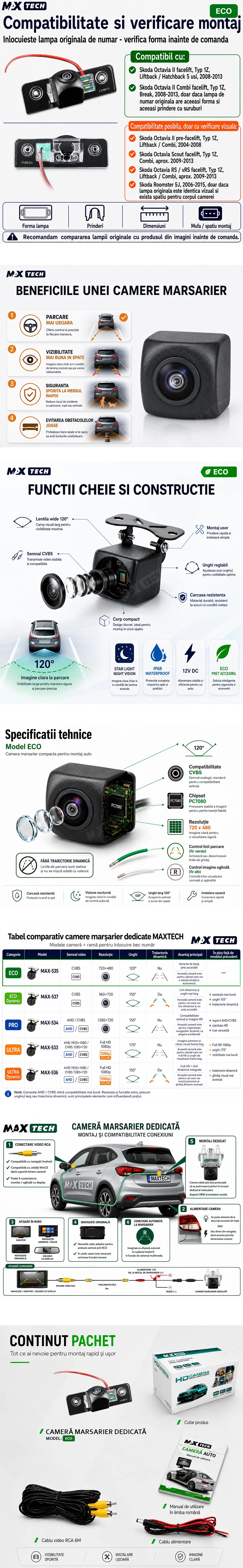 Camera marsarier Skoda Octavia II facelift, Octavia Combi, Octavia Scout, Octavia RS dedicata, MaxTech ECO, suport lampa numar OEM, Fisheye CVBS 720x480, unghi 120 grade, RCA, navigatii Android aftermarket