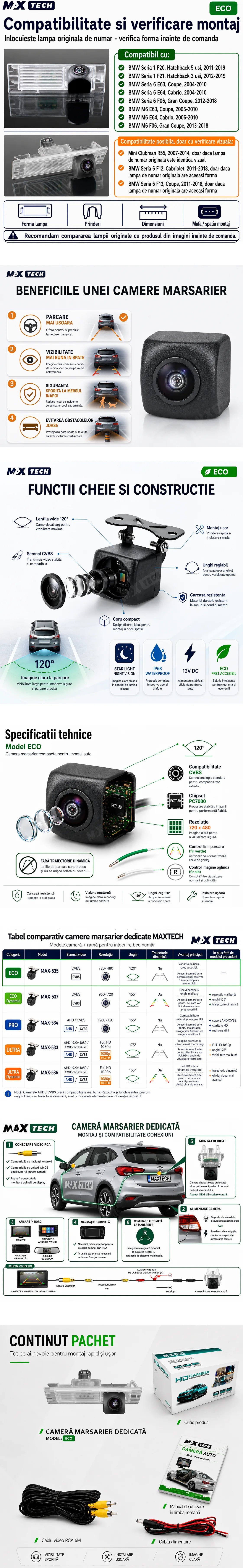 Camera marsarier BMW Seria 1, Seria 6, BMW M6 dedicata, MaxTech ECO, suport lampa numar OEM, Fisheye CVBS 720x480, unghi 120 grade, RCA, navigatii Android aftermarket