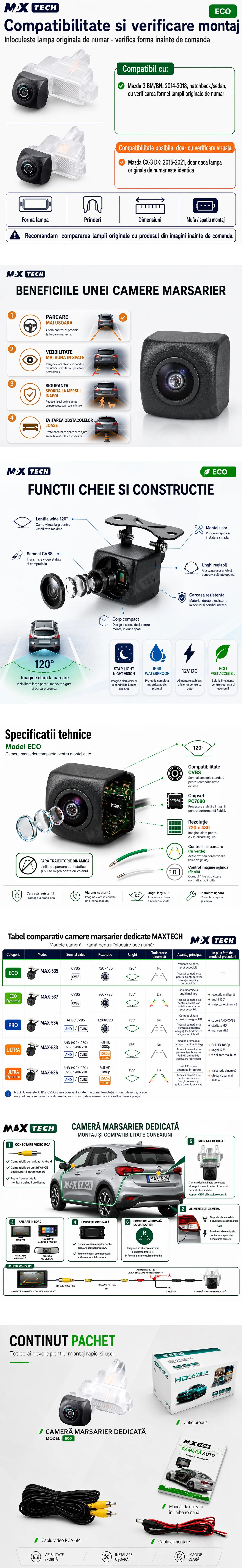 Camera marsarier Mazda 3 BM BN dedicata, MaxTech ECO, suport lampa numar OEM, Fisheye CVBS 720x480, unghi 120 grade, RCA, navigatii Android aftermarket