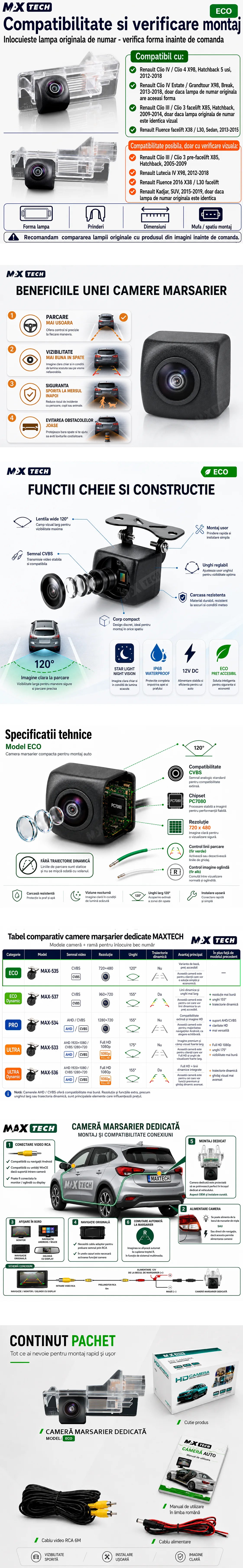Camera marsarier Renault Clio IV, Clio III, Fluence, Kadjar dedicata, MaxTech ECO, suport lampa numar OEM, Fisheye CVBS 720x480, unghi 120 grade, RCA, navigatii Android aftermarket