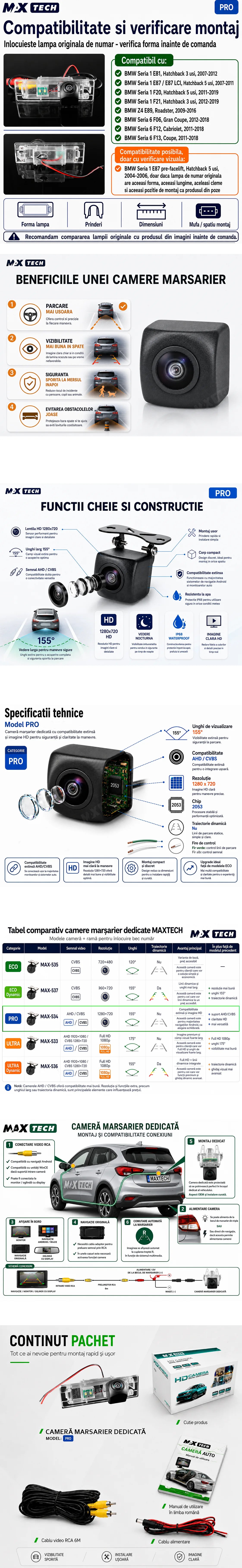 Camera marsarier BMW Seria 1 E81 E87 F20 F21, Z4 E89, Seria 6 F06 F12 F13 dedicata, MaxTech PRO, suport lampa numar OEM, AHD/CVBS 1280x720, unghi 155 grade, RCA, navigatii Android aftermarket