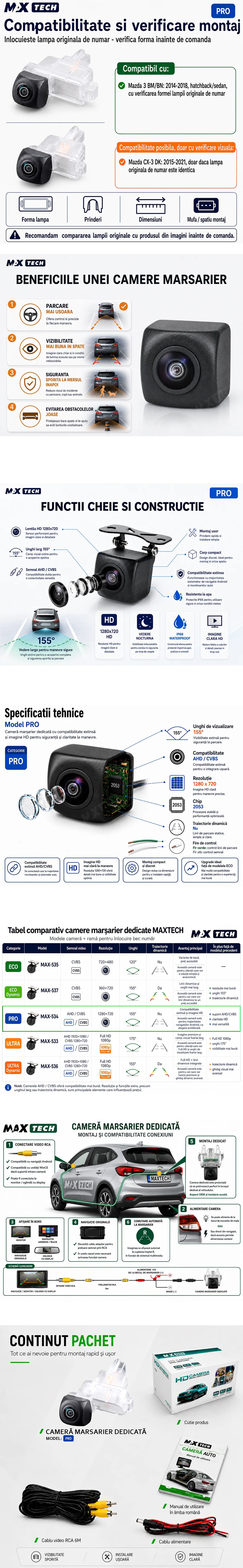 Camera marsarier Mazda 3 BM BN, Mazda CX-3 DK dedicata, MaxTech PRO, suport lampa numar OEM, AHD/CVBS 1280x720, unghi 155 grade, RCA, navigatii Android aftermarket