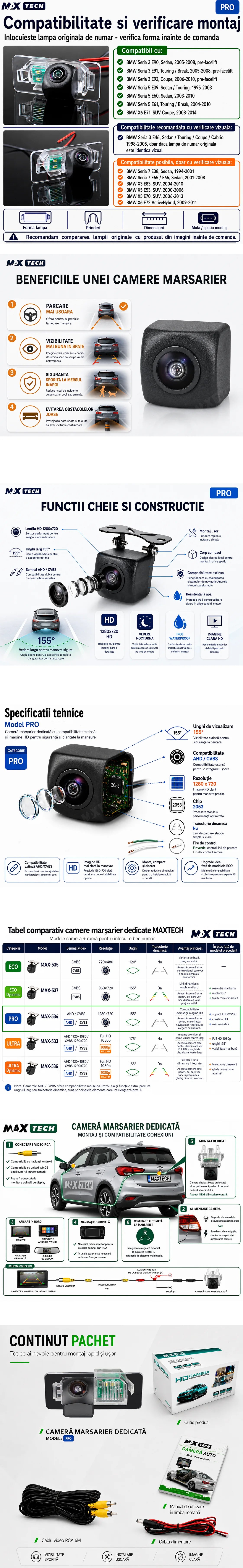 Camera marsarier BMW Seria 3 E90 E91 E92, Seria 5 E39 E60 E61, X6 E71 dedicata, MaxTech PRO, suport lampa numar OEM, AHD/CVBS 1280x720, unghi 155 grade, RCA, navigatii Android aftermarket