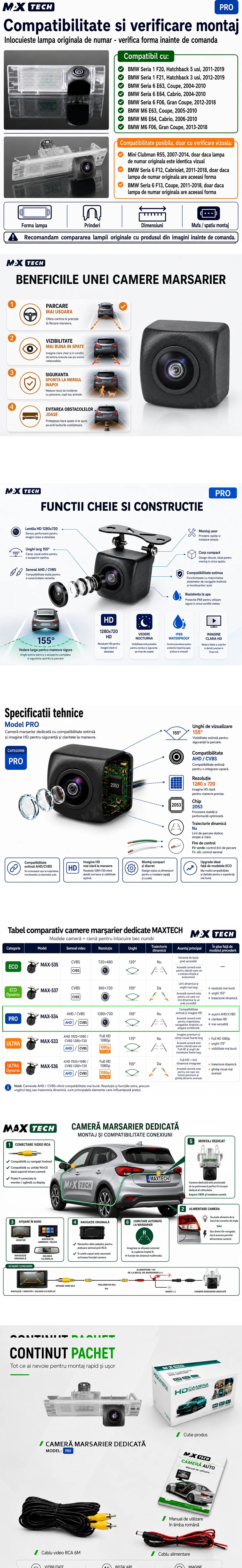 Camera marsarier BMW Seria 1 F20 F21, BMW Seria 6 F06 F63 F64, BMW M6 dedicata, MaxTech PRO, suport lampa numar OEM, AHD/CVBS 1280x720, unghi 155 grade, RCA, navigatii Android aftermarket