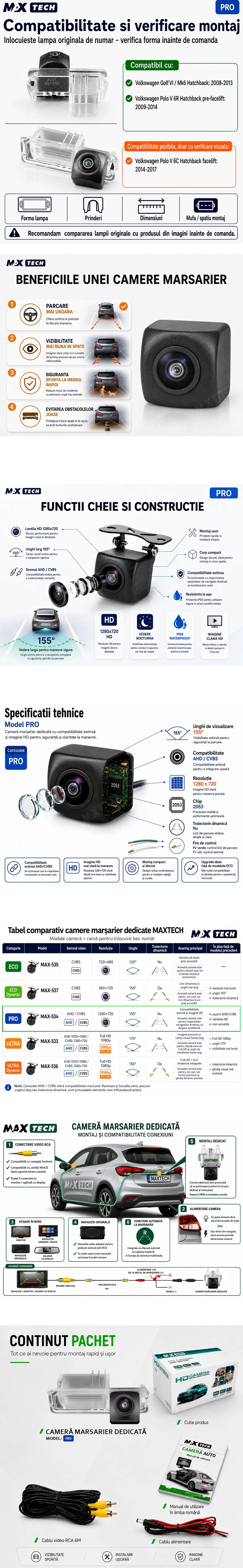 Camera marsarier Volkswagen Golf VI Mk6, Polo V 6R 6C dedicata, MaxTech PRO, suport lampa numar OEM, AHD/CVBS 1280x720, unghi 155 grade, RCA, navigatii Android aftermarket