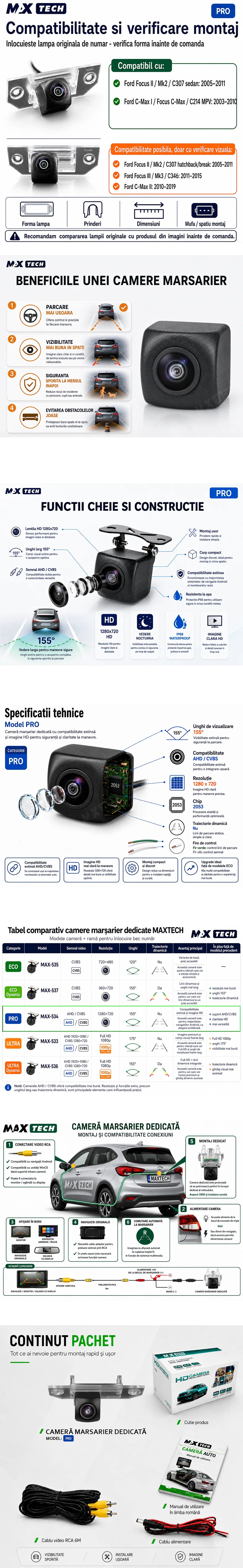 Camera marsarier Ford Focus II Sedan, C-Max I, Focus C-Max dedicata, MaxTech PRO, suport lampa numar OEM, AHD/CVBS 1280x720, unghi 155 grade, RCA, navigatii Android aftermarket