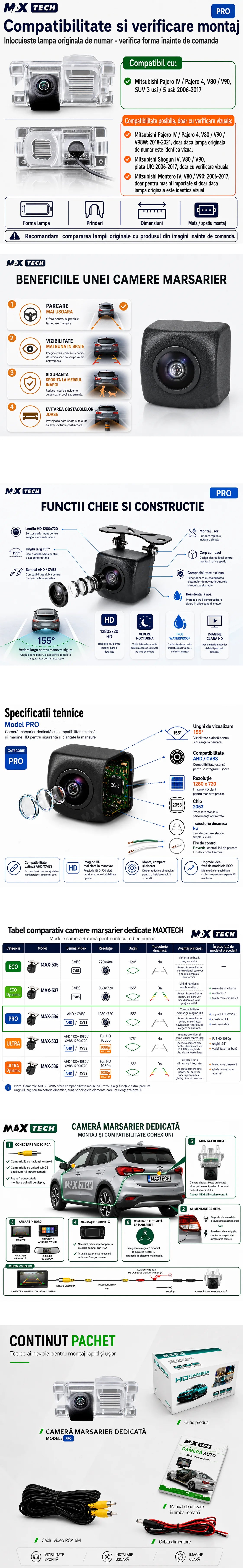 Camera marsarier Mitsubishi Pajero IV, Shogun IV, Montero IV dedicata, MaxTech PRO, suport lampa numar OEM, AHD/CVBS 1280x720, unghi 155 grade, RCA, navigatii Android aftermarket
