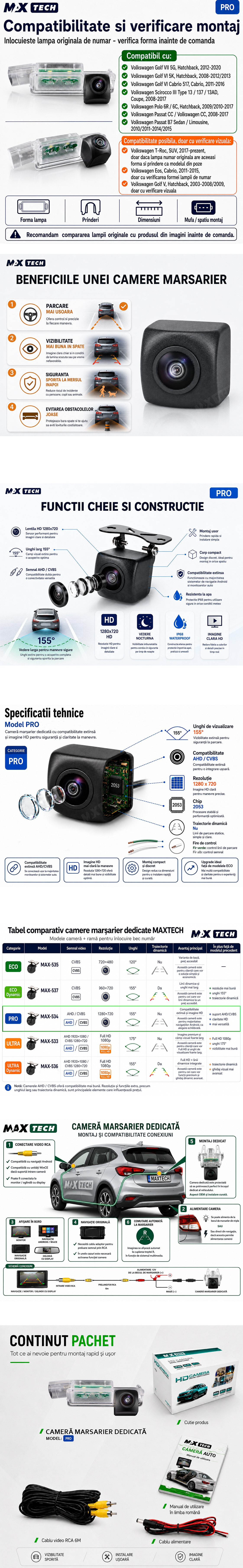 Camera marsarier Volkswagen Golf VII, Golf VI, Scirocco III, Polo 6R 6C, Passat CC, Passat B7 dedicata, MaxTech PRO, suport lampa numar OEM, AHD/CVBS 1280x720, unghi 155 grade, RCA, navigatii Android aftermarket