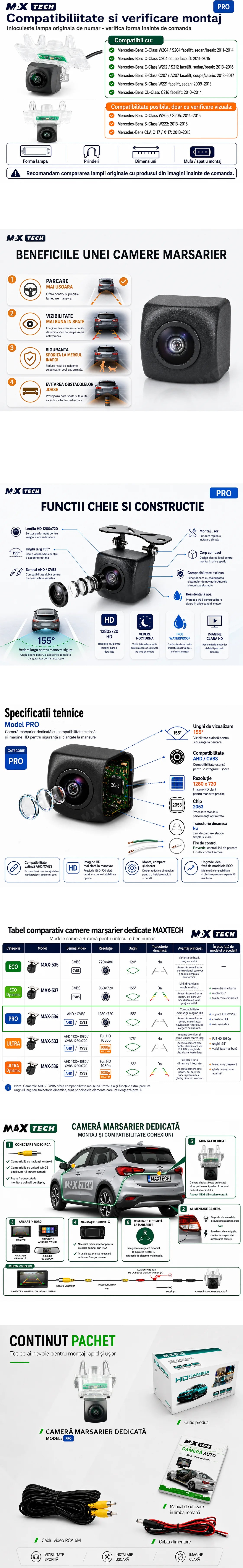 Camera marsarier Mercedes C-Class, E-Class, S-Class, CL-Class dedicata, MaxTech PRO, suport lampa numar OEM, AHD/CVBS 1280x720, unghi 155 grade, RCA, navigatii Android aftermarket
