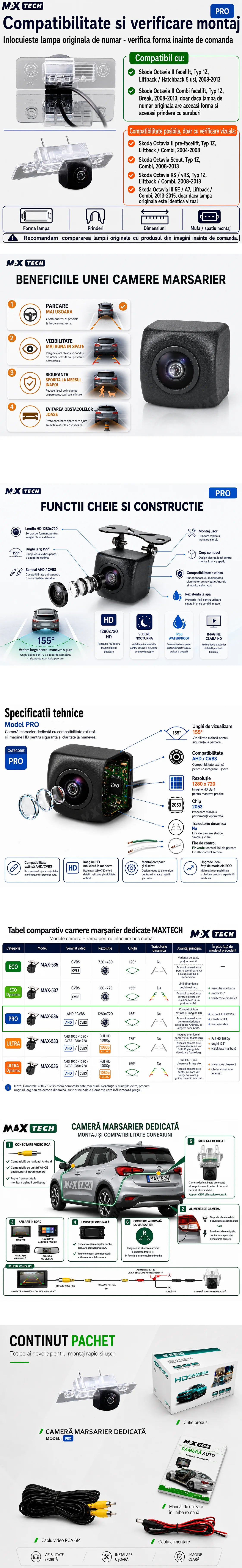 Camera marsarier Skoda Octavia II facelift, Octavia Combi, Octavia Scout, Octavia RS, Octavia III dedicata, MaxTech PRO, suport lampa numar OEM, AHD/CVBS 1280x720, unghi 155 grade, RCA, navigatii Android aftermarket