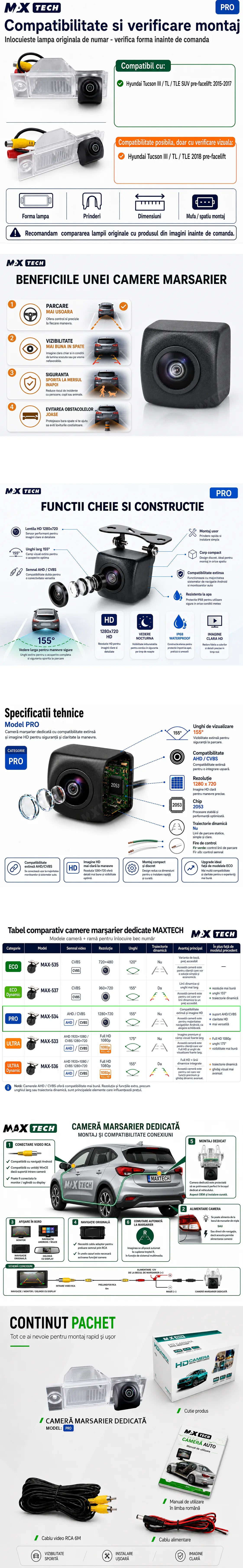 Camera marsarier Hyundai Tucson III TL TLE dedicata, MaxTech PRO, suport lampa numar OEM, AHD/CVBS 1280x720, unghi 155 grade, RCA, navigatii Android aftermarket