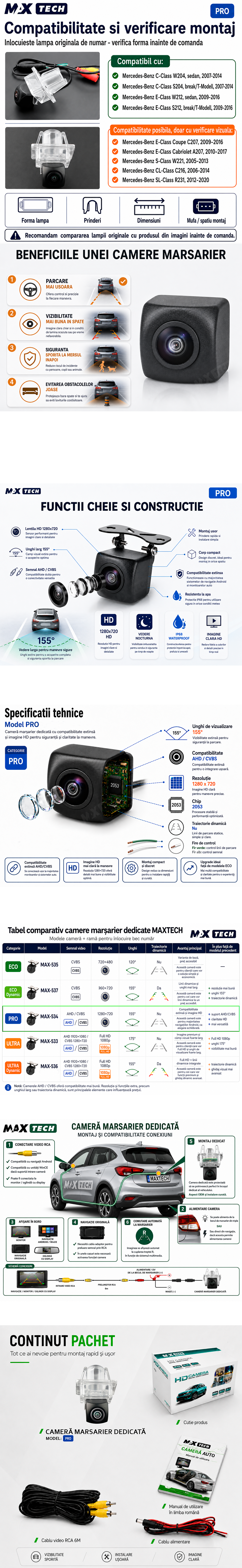 Camera marsarier Mercedes C-Class W204 S204, E-Class W212 S212 dedicata, MaxTech PRO, suport lampa numar OEM, AHD/CVBS 1280x720, unghi 155 grade, RCA, navigatii Android aftermarket
