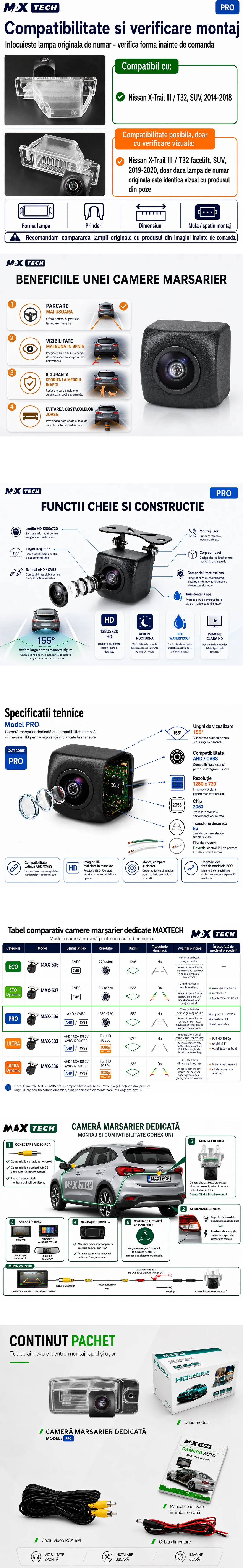 Camera marsarier Nissan X-Trail III T32 dedicata, MaxTech PRO, suport lampa numar OEM, AHD/CVBS 1280x720, unghi 155 grade, RCA, navigatii Android aftermarket