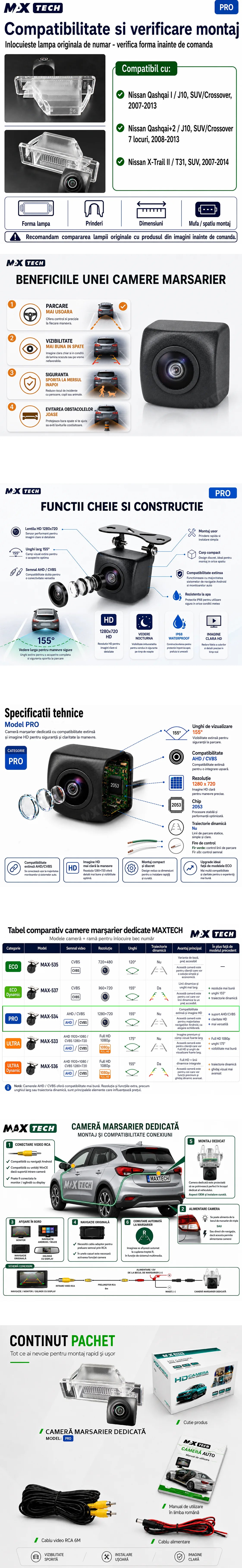 Camera marsarier Nissan Qashqai I, Qashqai+2, X-Trail II dedicata, MaxTech PRO, suport lampa numar OEM, AHD/CVBS 1280x720, unghi 155 grade, RCA, navigatii Android aftermarket