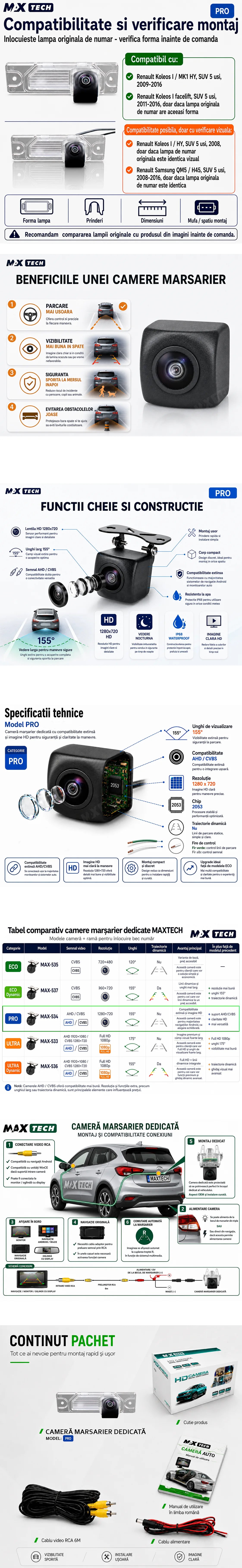 Camera marsarier Renault Koleos I MK1 HY, Renault Samsung QM5 dedicata, MaxTech PRO, suport lampa numar OEM, AHD/CVBS 1280x720, unghi 155 grade, RCA, navigatii Android aftermarket